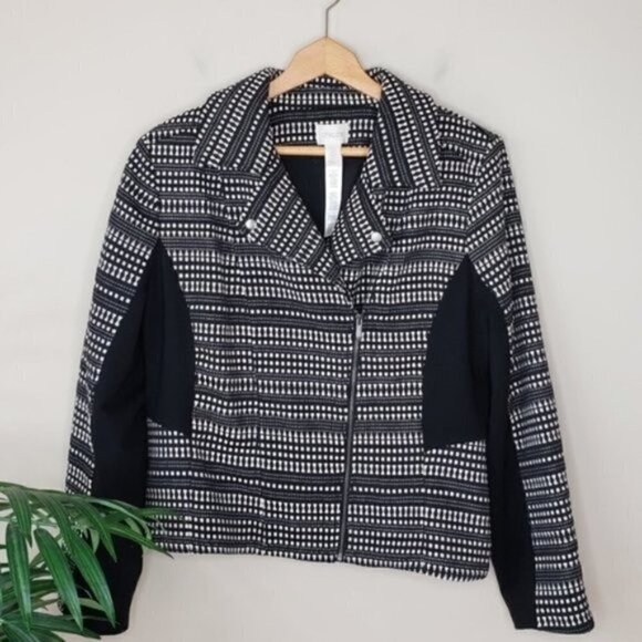 Chico's | Black & White Asymmetrical Zip Moto Jacket - Picture 1 of 10